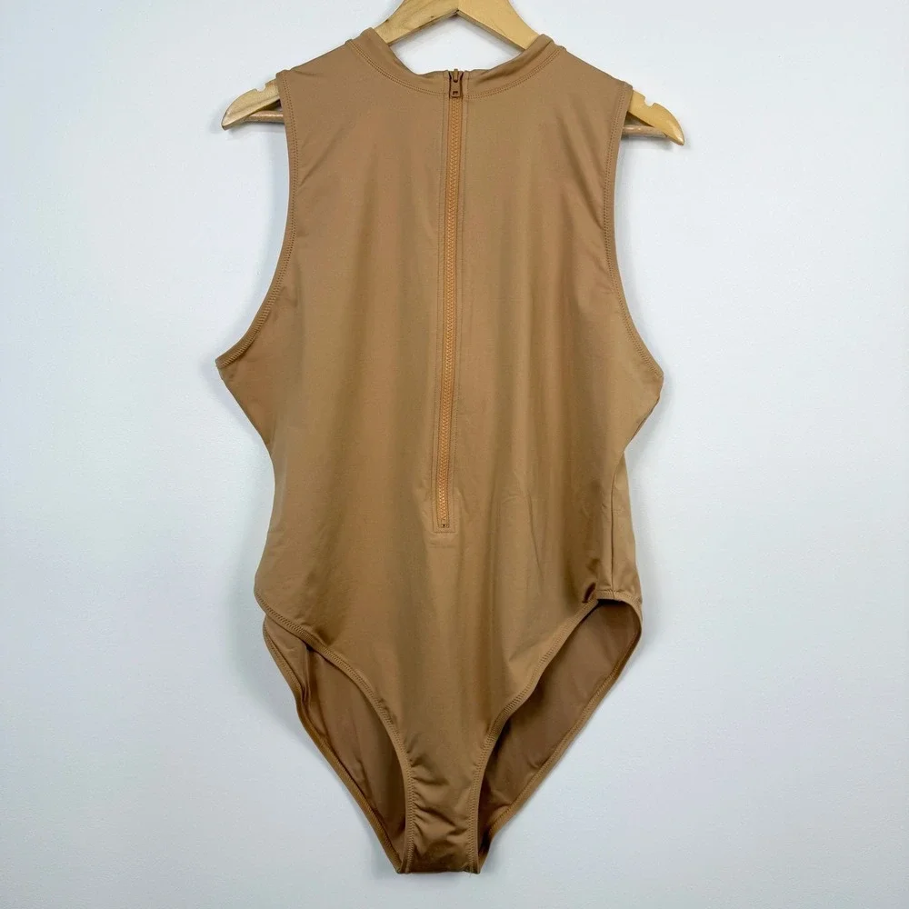 Skims Swim Zip Front One Piece Swimsuit Women 4X Almond Tan NWT
